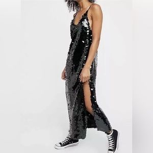 FREE PEOPLE Black Sequin Lace Up Maxi Dress Size: S